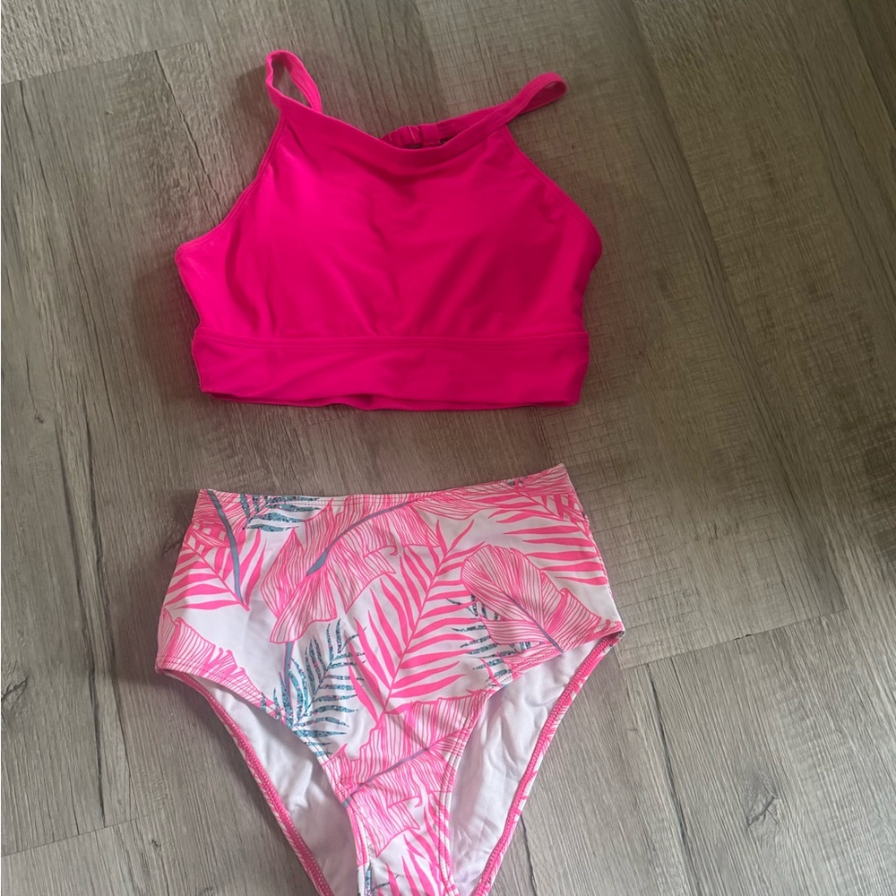 Pink and White Tropical Bikini Set with High-Neck Top